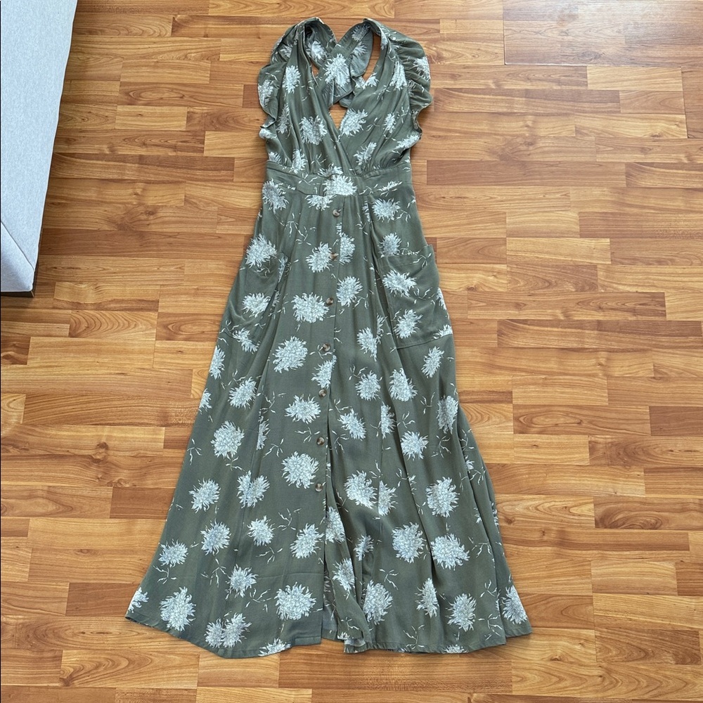Green Floral Button Up Maxi Dress Size Medium
